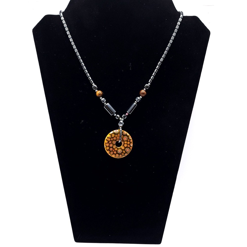 Millefiori Style Art Glass Donut Pendant Hematite Tiger Eye Necklace